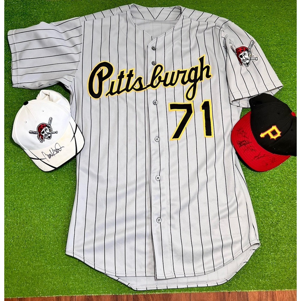 Vintage Pirates Team Issue Pinstripe Jersey 1998 Rawlings SZ 44 &‎ 2 Signed Hats
